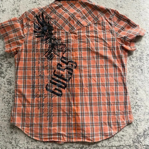 Guess Button front shirt casual plaid orange gray snap buttons short sleeve XXL - Picture 1 of 9